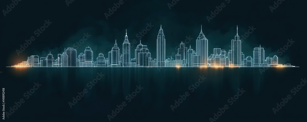 Obraz premium Minimalist Marseille City Skyline in Dark Teal with Glowing White Outlines