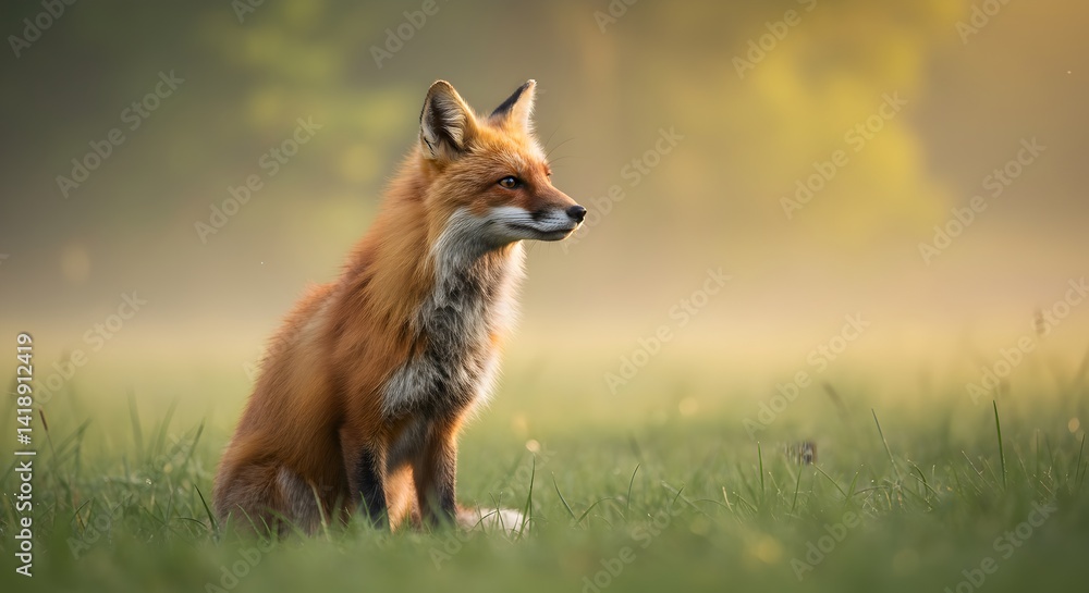 Fototapeta premium Red fox portrait in a field during a misty sunrise, captured wildlife photography
