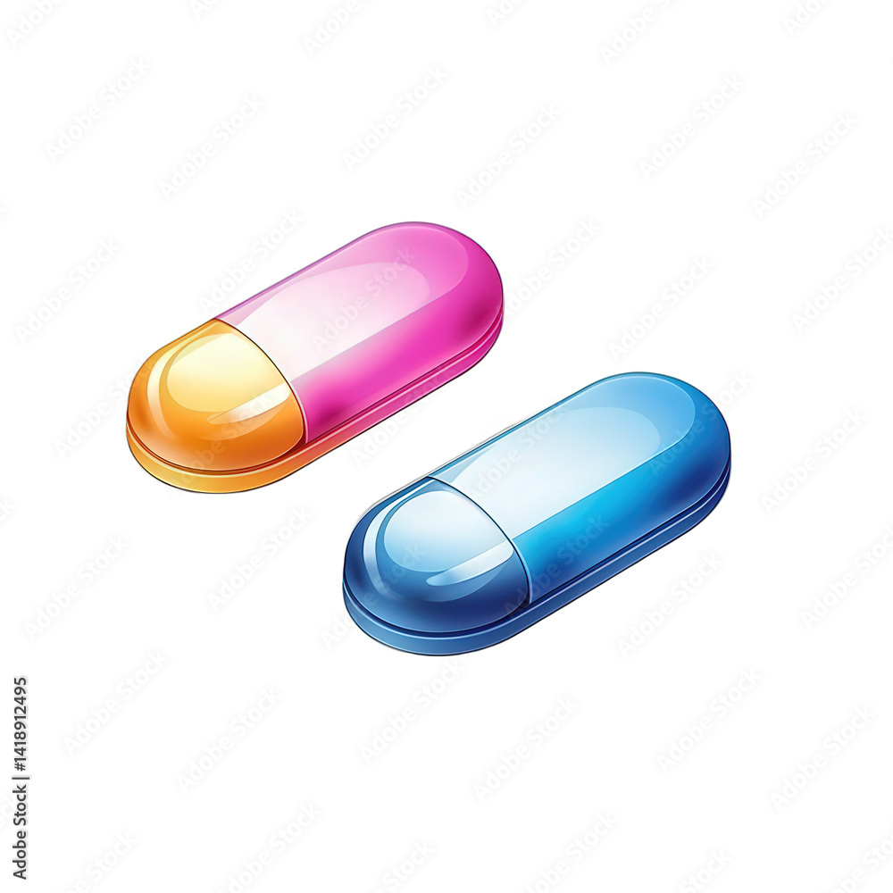 Colorful capsules in pink and blue, representing health and wellness, set against a simple background, ideal for medical or pharmaceutical use , isolated on white or transparent png Colorful capsules in pink and blue, representing health and wellness, set against a simple background, ideal for medical or pharmaceutical use , isolated on white or transparent png