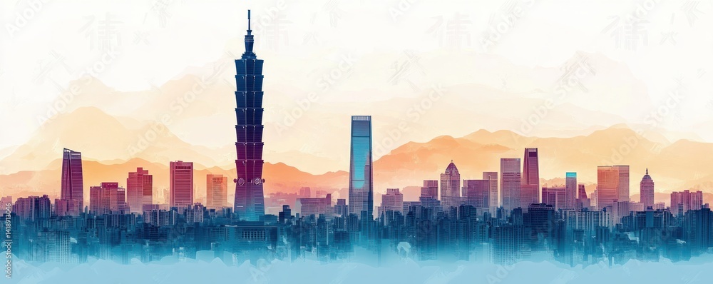 Naklejka premium Minimalist Taipei Skyline with Transparent Layers and Pastel Gradients