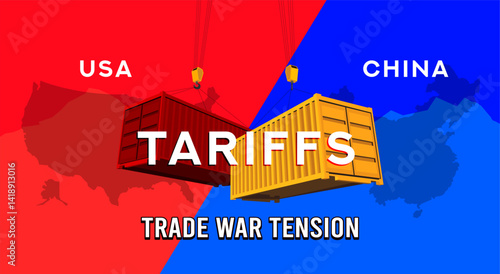 Vector illustration of USA and China trade war tension, featuring national flags over map silhouettes. Symbolic graphic for economic conflict, import tariffs, and global business	