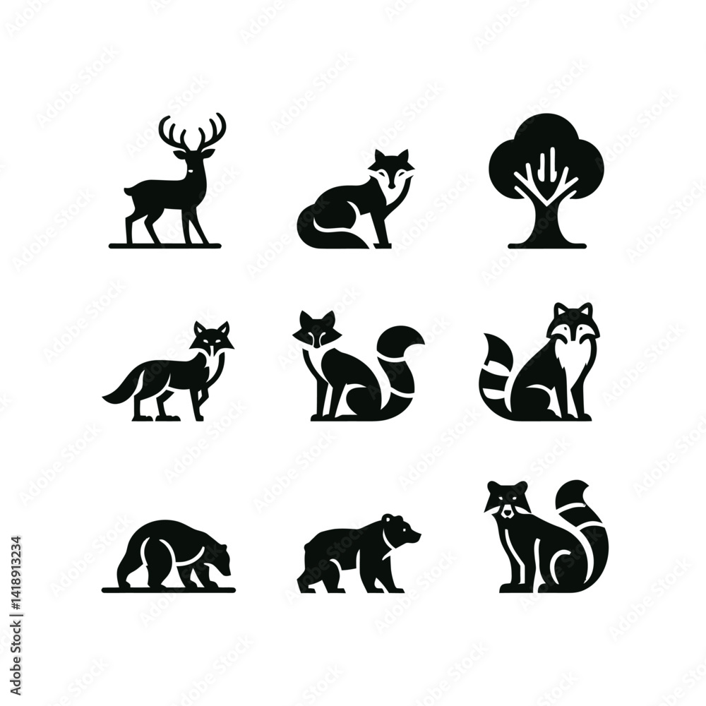 Obraz premium Silhouette vector logo set of forest animals including deer, fox, raccoon, squirrel, and bear in black on white background, modern flat icon look 