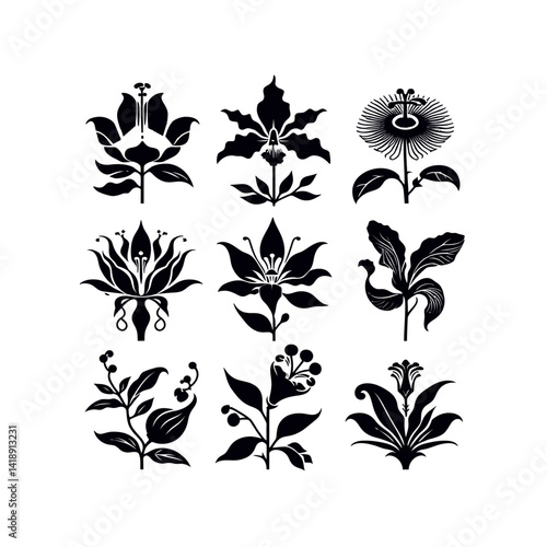 Silhouette vector logo set of exotic rare flowers including corpse flower, jade vine, ghost orchid, black bat flower, and passionflower in black on white background, stylized minimal icon style 