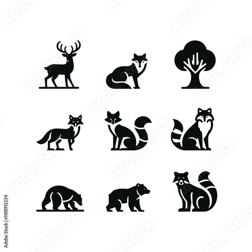 Silhouette vector logo set of forest animals including deer, fox, raccoon, squirrel, and bear in black on white background, modern flat icon look 