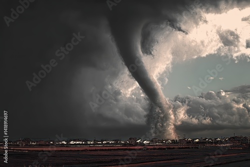 Massive Tornado Touching Down in Rural Countryside, Dark Storm Clouds Over Farmland