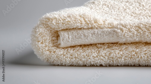 Soft, Fluffy Cream Towel Folded on White Backdrop for Spa or Bathroom Use