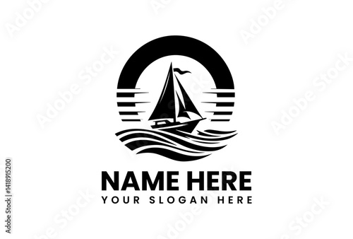 Detailed Sailboat and Celestial Bodies Silhouette. Classic Indonesian Nautical Motif