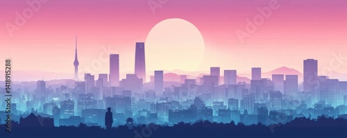 Minimalist Seoul Cityscape Pastel Skyline Modern Traditional Architecture Calm Serene Wide Composition Negative Space