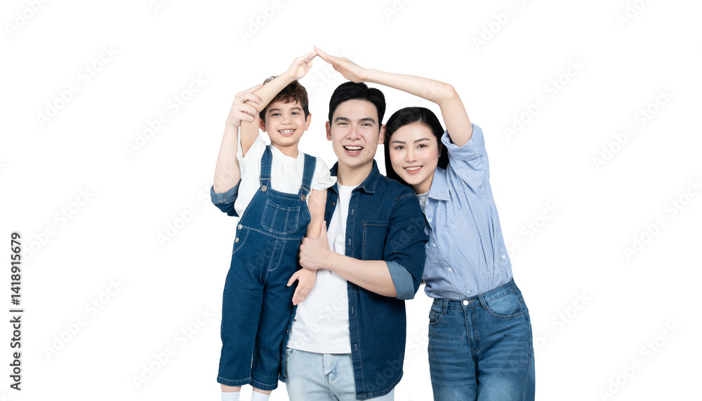 portrait of an asian family posing on a white background