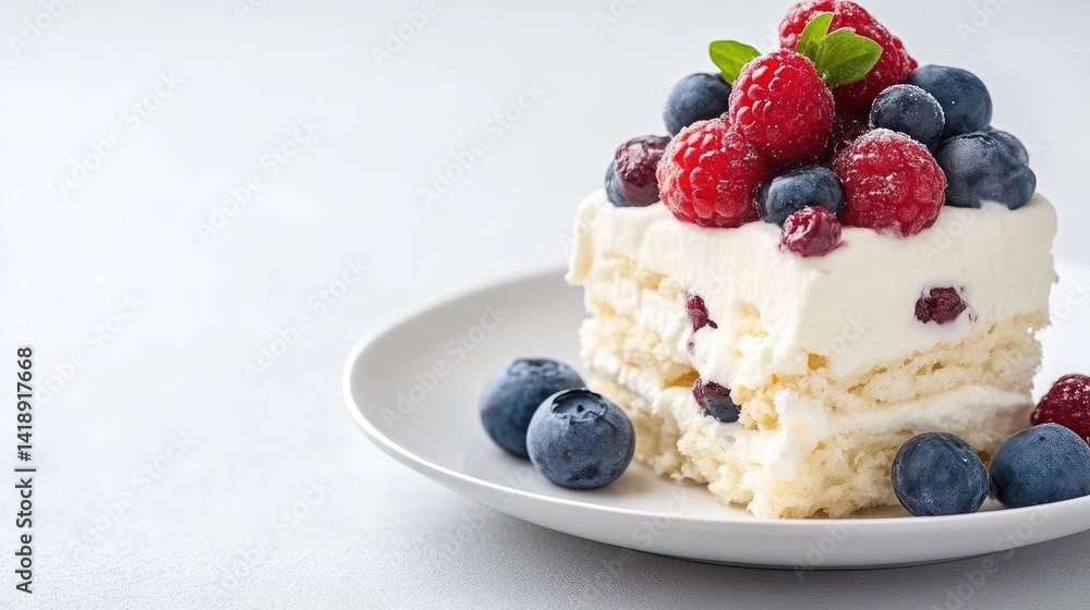A slice of layered cake topped with fresh raspberries and blueberries on a white plate, close-up view with soft focus background, and dessert concept. A slice of layered cake topped with fresh raspberries and blueberries on a white plate, close-up view with soft focus background, and dessert concept.