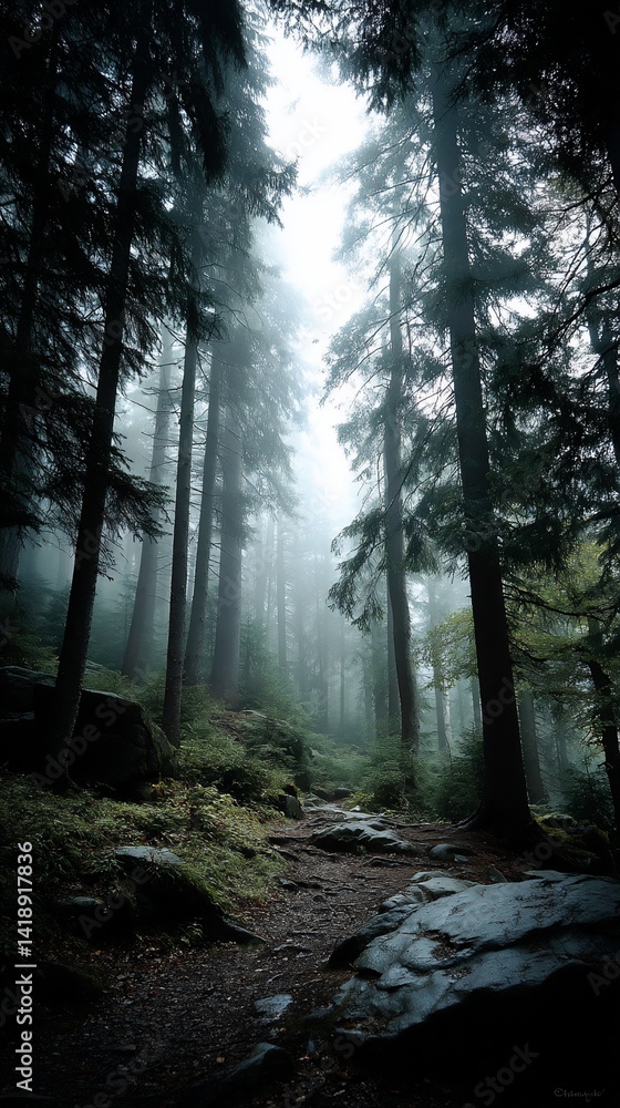 Naklejka premium Misty forest path, sunlight filtering through trees