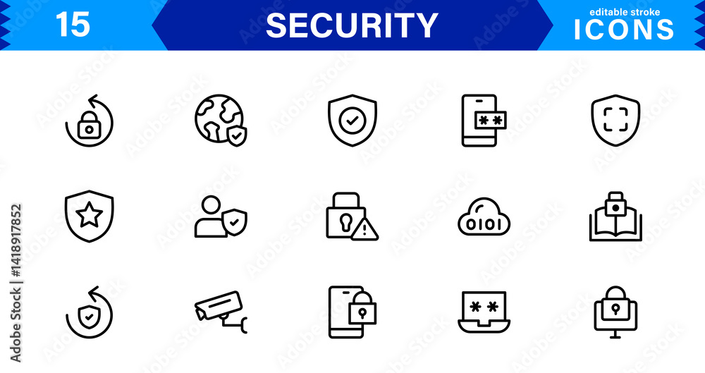 Fototapeta premium Modern Security Icon Set Vector Illustration. Featuring Essential Protection, Shield, and Lock Icons for Secure and Professional Design Projects.