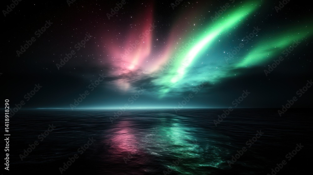 Fototapeta premium Aurora Borealis over calm ocean night sky