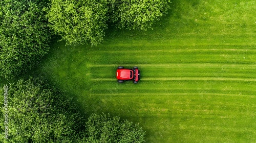 Top down Drone Shot of a Large Backyard with Freshly Mowed and Trimmed Lush Green Lawn by a Riding Lawnmower
