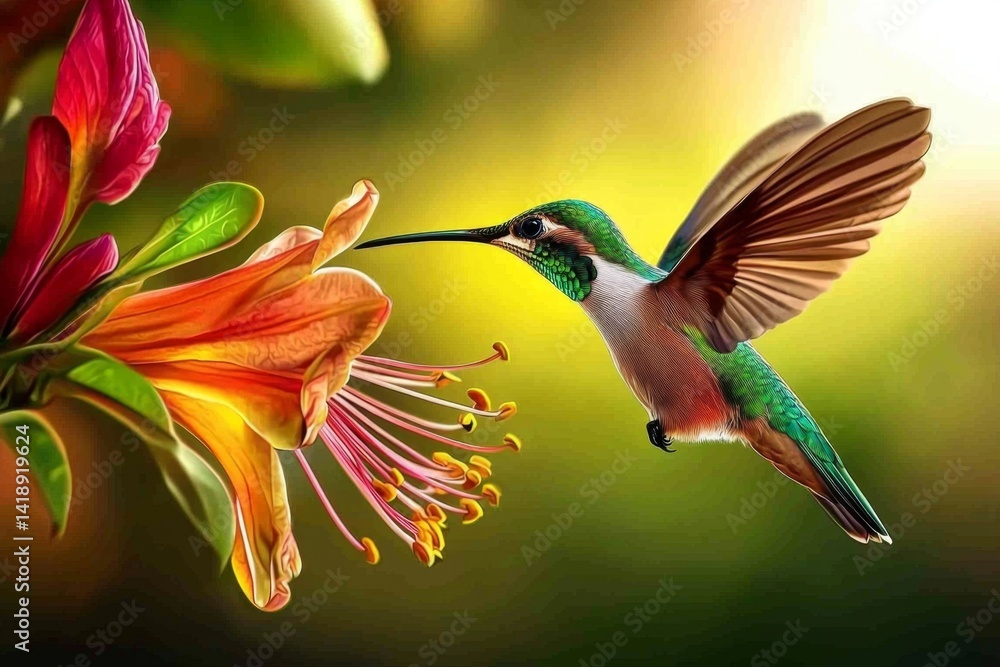 Fototapeta premium The delicate interaction of a hummingbird and a blossom.