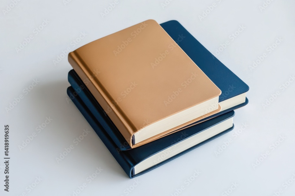 A stack of three hardcover books, two navy blue and one beige, rests on a white surface. A stack of three hardcover books, two navy blue and one beige, rests on a white surface.