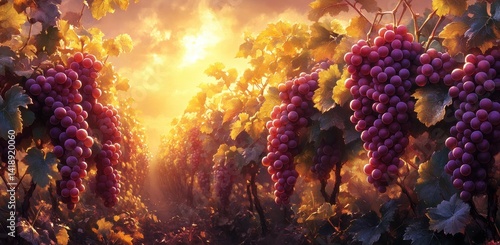 Autumn Vineyard with Ripe Grapes in Golden Hour Light