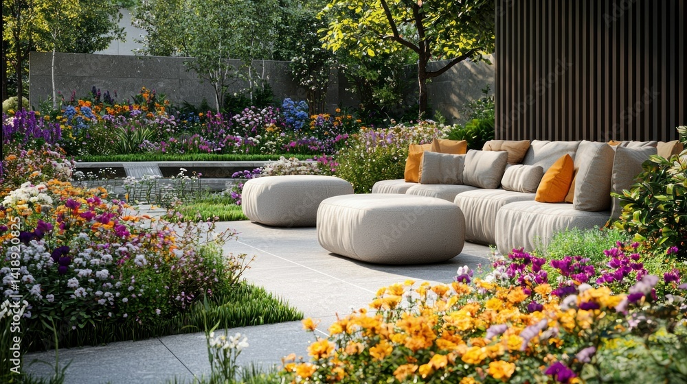 Obraz premium Modern garden lounge area with colorful flowers