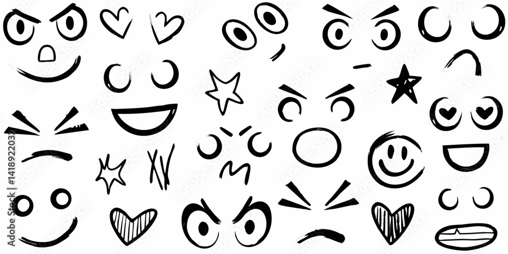 Hand Drawn Doodle Emoji Faces Vector, Black and White Sketch Emoticons Set, Cartoon Facial Expressions Vector Pack, Scribble Style Mood Faces Clipart, Funny Hand Drawn Emotions Vector Isolated Hand Drawn Doodle Emoji Faces Vector, Black and White Sketch Emoticons Set, Cartoon Facial Expressions Vector Pack, Scribble Style Mood Faces Clipart, Funny Hand Drawn Emotions Vector Isolated
