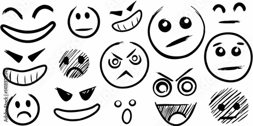 Hand Drawn Doodle Emoji Faces Vector, Black and White Sketch Emoticons Set, Cartoon Facial Expressions Vector Pack, Scribble Style Mood Faces Clipart, Funny Hand Drawn Emotions Vector Isolated