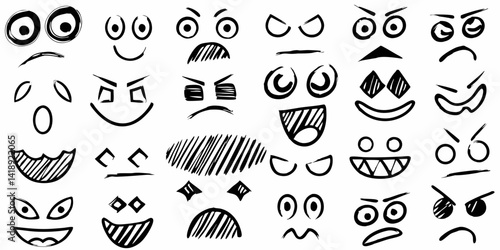 Hand Drawn Doodle Emoji Faces Vector, Black and White Sketch Emoticons Set, Cartoon Facial Expressions Vector Pack, Scribble Style Mood Faces Clipart, Funny Hand Drawn Emotions Vector Isolated