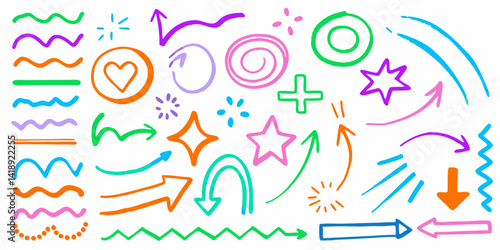 Colorful Doodle Arrows Vector Set, Hand Drawn Directional Arrows Clipart, Sketch Style Arrow Symbols Collection, Vibrant Scribble Arrows and Shapes Vector, Abstract Color Arrow Icons Isolated