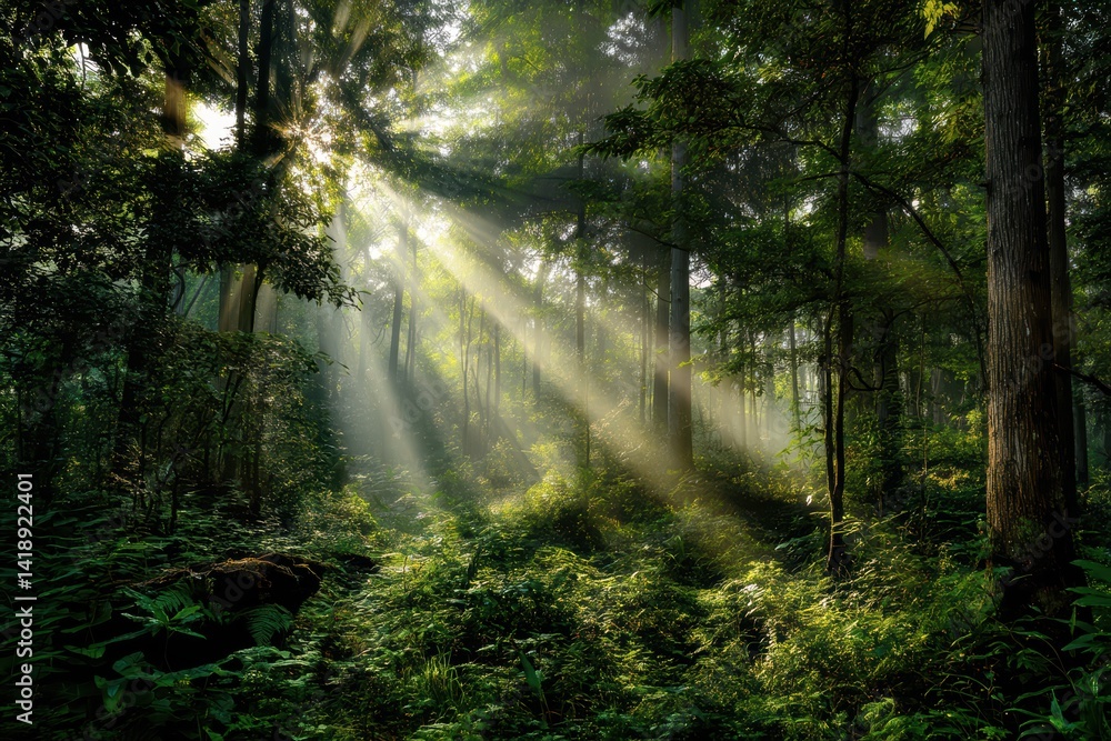 Fototapeta premium Mystical Forest with Sunlight Beams Piercing Through Lush Foliage, 4K Nature Wallpaper for Desktop & Mobile 