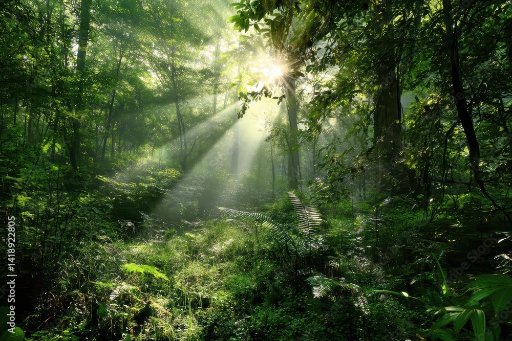 Obraz premium Sunlight Beams in Lush Forest with High Definition Details