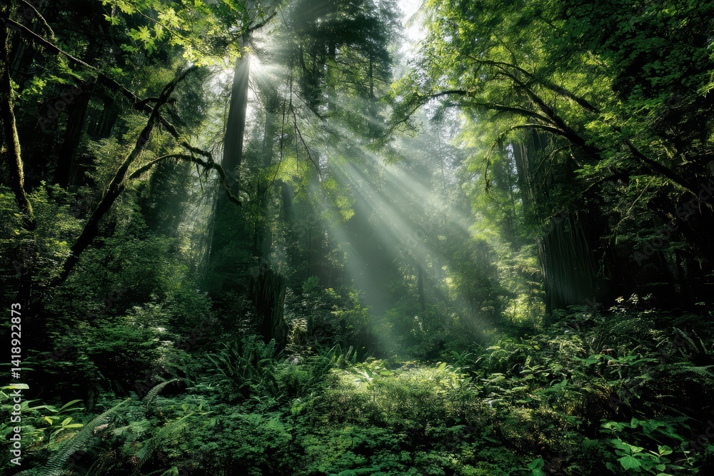 Obraz premium Sunlight Beams in Lush Forest with High Definition Details