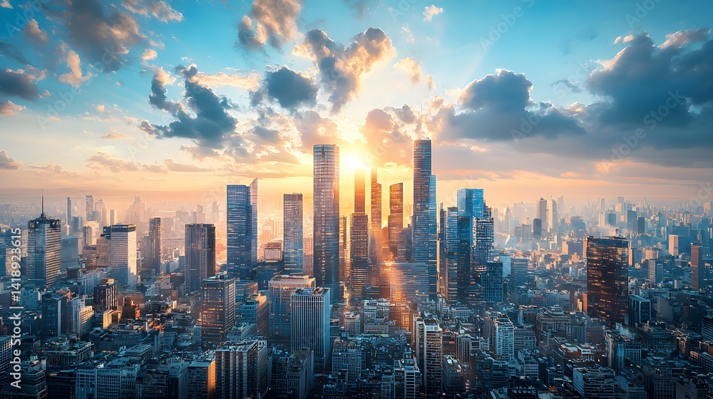 Obraz premium Stunning Sunrise Over Modern Metropolis Skyline Cityscape Panorama