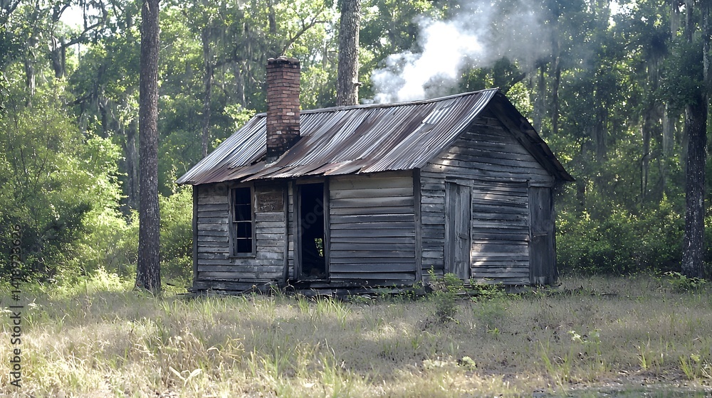 Rustic Old Wooden Cabin in a Forest with Smoke from Chimney Rural Scene Rustic Old Wooden Cabin in a Forest with Smoke from Chimney Rural Scene