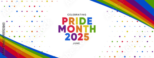 Pride Month Banner With Rainbow Gradient Ribbon Background. Celebrating Pride Month Web Banner Design. Trendy Pride Banner with Pride Month Text and Colorful Rainbow.