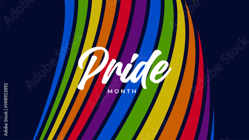 Pride Month Banner With Rainbow Gradient Ribbon Background. Celebrating Pride Month Web Banner Design. Trendy Pride Banner with Pride Month Text and Colorful Rainbow.