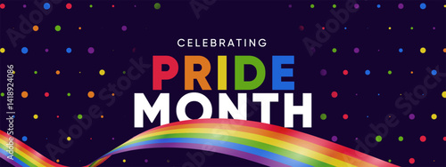 Pride Month Banner With Rainbow Gradient Ribbon Background. Celebrating Pride Month Web Banner Design. Trendy Pride Banner with Pride Month Text and Colorful Rainbow.