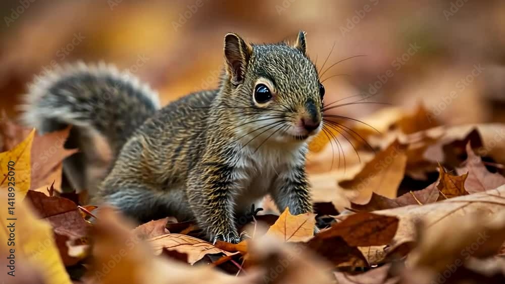 Squirrel Standing on Autumn Leaves Ground Level Close Up Squirrel Standing on Autumn Leaves Ground Level Close Up