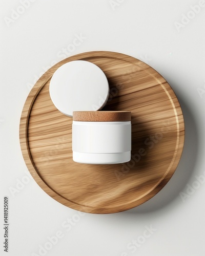 Cosmetic Jar on Wooden Plate with Shadow