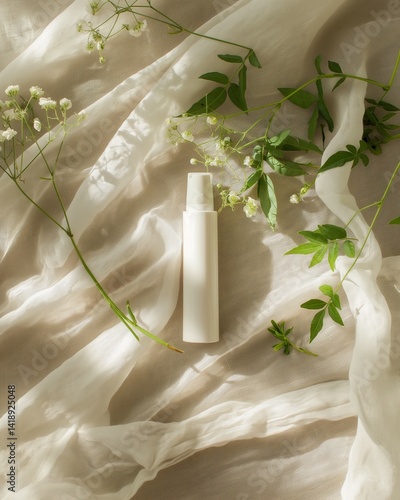 Skincare Tube on Beige Fabric Flatlay
