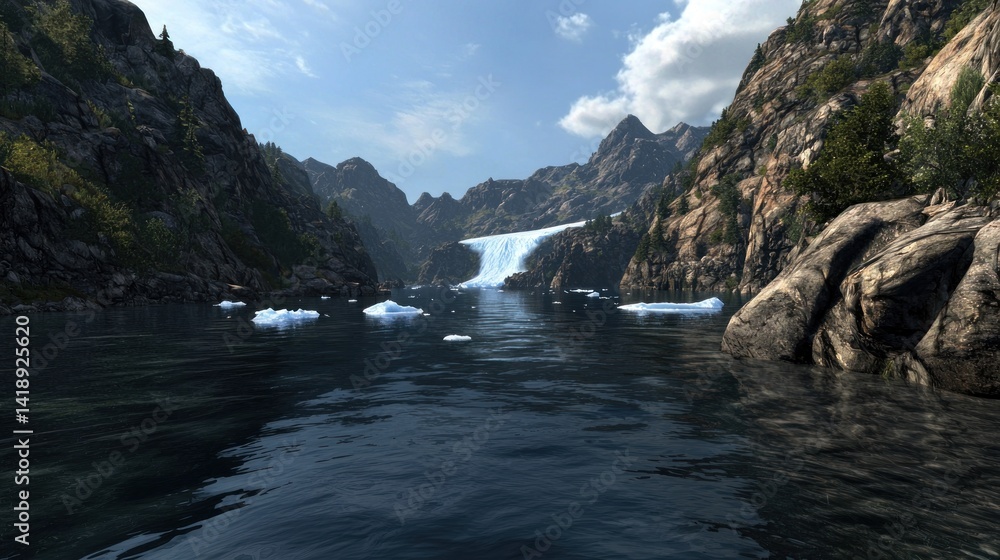 Fototapeta premium Mountain Waterfall over Glacial Lake