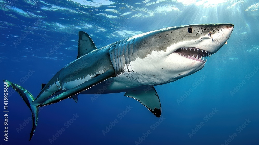 Fototapeta premium Great White Shark, Ocean Depth, Sunlight, Predatory Prowl