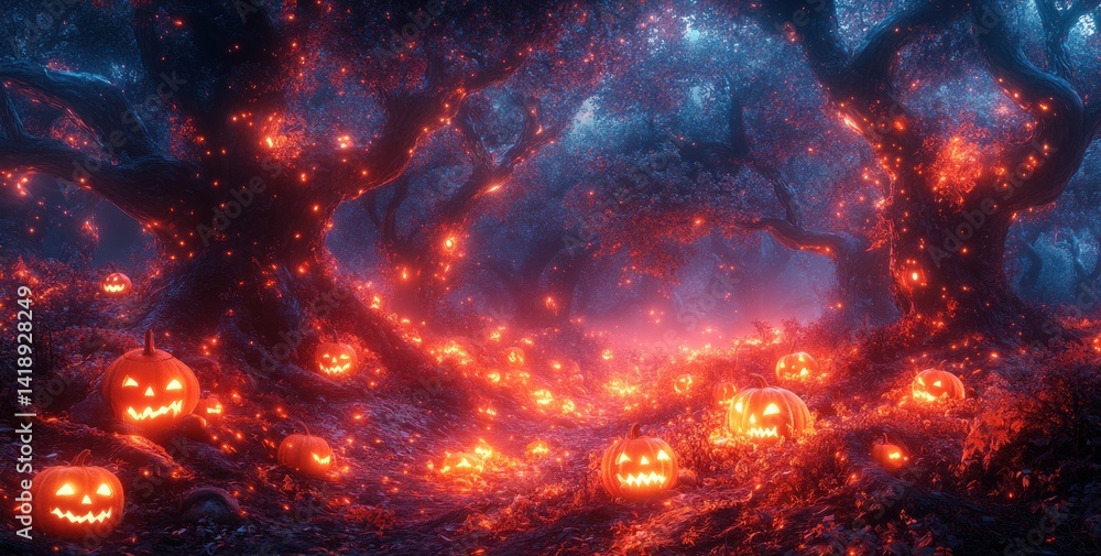 Spooky Halloween Forest with Glowing Pumpkins and Eerie Mist Spooky Halloween Forest with Glowing Pumpkins and Eerie Mist