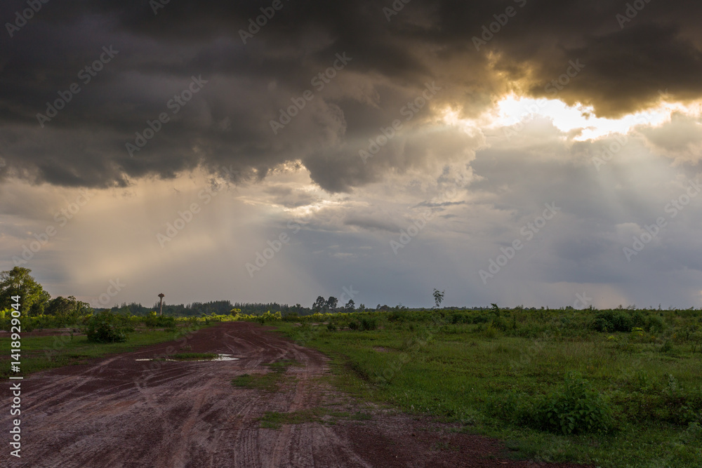 Fototapeta premium Stormy skies over rural landscape nature photography dramatic weather open field wide angle atmospheric beauty