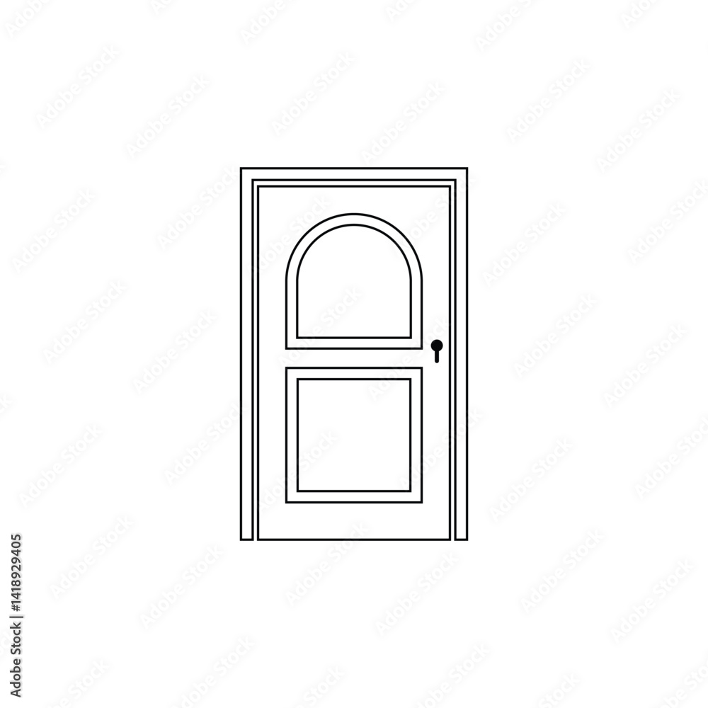Minimal black door icon with classic panel and keyhole detail on a white background, ideal for architecture, construction, interior design, and vector illustrations. Minimal black door icon with classic panel and keyhole detail on a white background, ideal for architecture, construction, interior design, and vector illustrations.