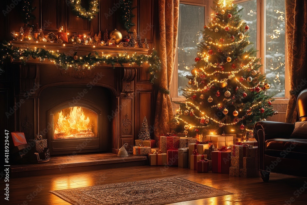custom made wallpaper toronto digitalCozy Christmas living room with glowing fireplace and decorated tree with golden ornaments and wrapped presents warm festive interior
