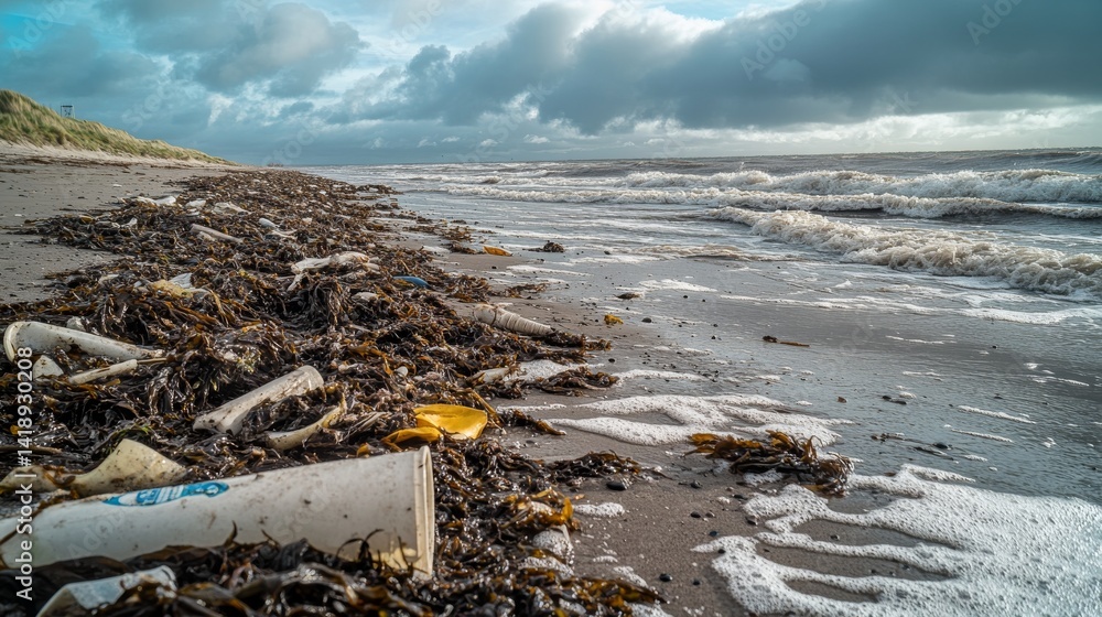A beach littered with plastic and seaweed. The natural beauty contrasts with pollution. Clear skies and waves enhance the stark reality of waste. Generative AI
