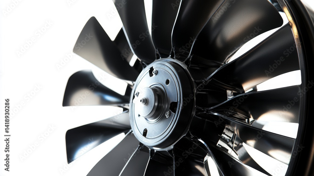 An intricate close-up of a mechanical fan blade showcases its design and engineering. This image illustrates motion and air movement in action. Generative AI