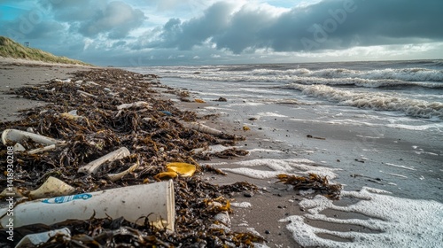 Obraz na płótnie A beach littered with plastic and seaweed. The natural beauty contrasts with pollution. Clear skies and waves enhance the stark reality of waste. Generative AI w salonie