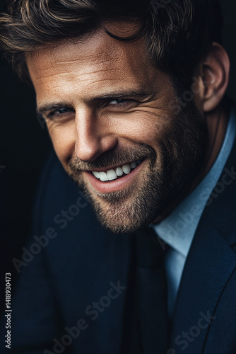 Close-up of a smiling business man, a handsome business tough guy
