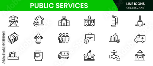  Public Services, service. Set of line icons in linear style. Electricity, water supply, gas supply, drainage, garbage removal, major repairs, heating, cold, hot water. Outline conceptual pictogram