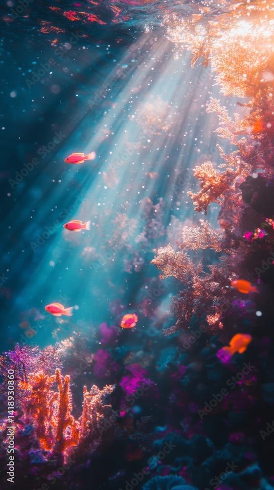 Explore the depths of the ocean in vibrant color. Witness the beauty of coral reefs and swimming fish. Discover marine life and its wonders. Generative AI