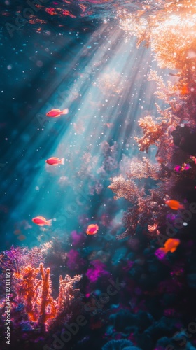 Obraz na płótnie Explore the depths of the ocean in vibrant color. Witness the beauty of coral reefs and swimming fish. Discover marine life and its wonders. Generative AI w salonie